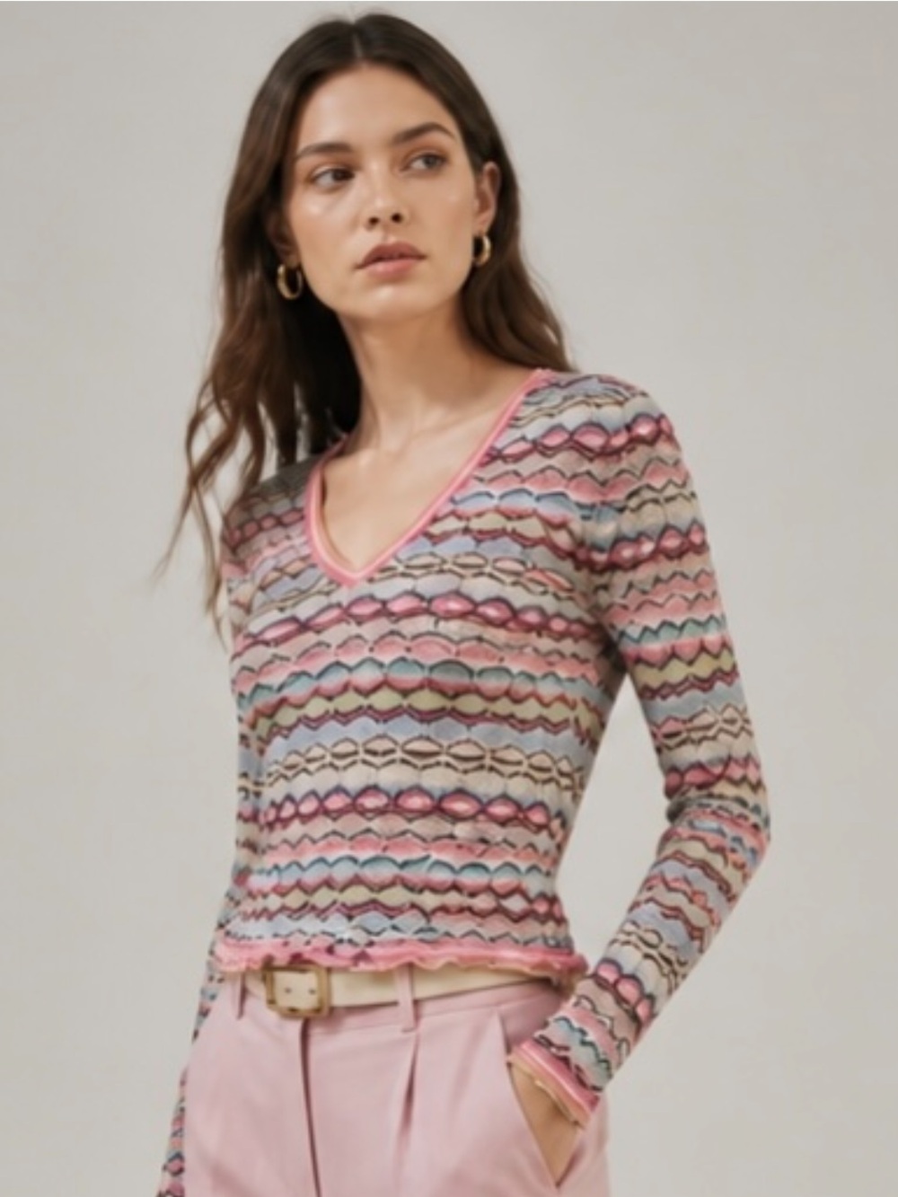 SIGRID OLSEN V Neck Pastel Sweater Petite Lightweight Pink Blue Pullover